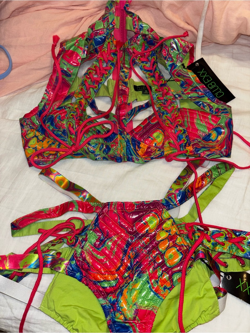 Club Exx Neon Lace-Up Bikini Set